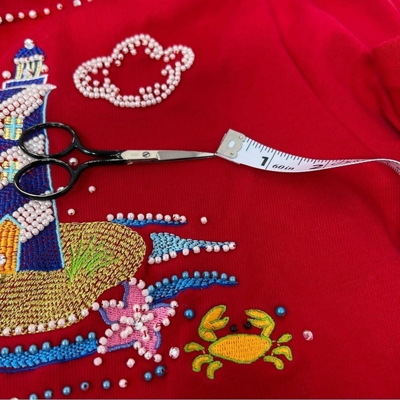Quacker Factory Red Sequined Beaded Lighthouse Sailboat 3/4 Sleeve Cotton Top 1X - Picture 11 of 12